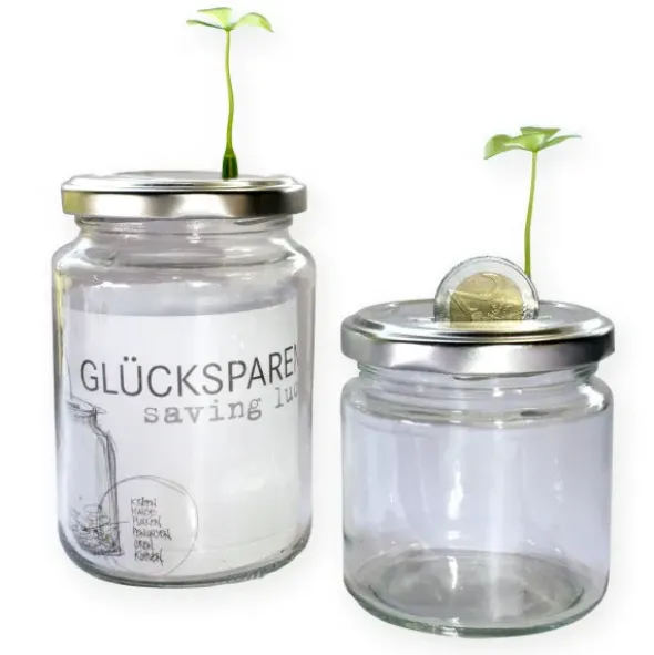 Spardose GLÜCKSSPAREN groß - Sparglas mit Glücksklee Magnet