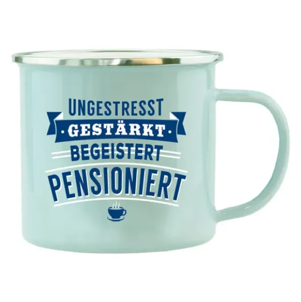 Spruchtasse Emaille - begeistert pensioniert