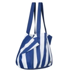 Strandtasche blau weiß gestreift – großer faltbarer Shopper mit Aufbewahrungsbeutel