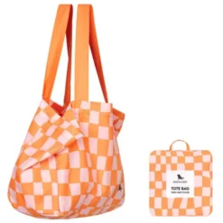 Strandtasche mit Karomuster orange – faltbarer Shopper mit Aufbewahrungsbeutel