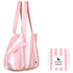 Strandtasche mit Streifenmuster pink – faltbarer Shopper mit Aufbewahrungsbeutel