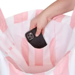 Strandtasche mit Streifenmuster pink – faltbarer Shopper mit Aufbewahrungsbeutel