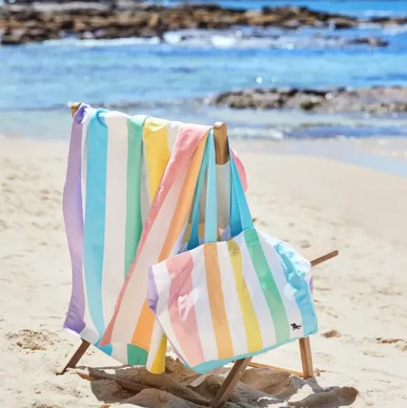 Strand- / Tragetasche Unicorn mit Innentasche - faltbar, pastell bunt gestreift