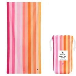 Strand- und Badetuch rosa-orange gestreift - XL Handtuch 200 x 90 cm mit Beutel, schnelltrocknend & leicht