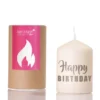 Stumpenkerze weiß mit grauen Spruch - Happy Birthday