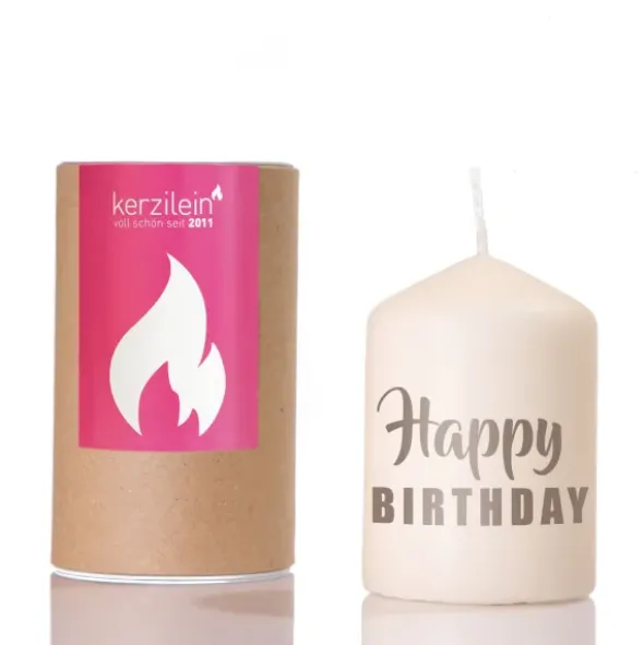 Stumpenkerze weiß mit grauen Spruch - Happy Birthday