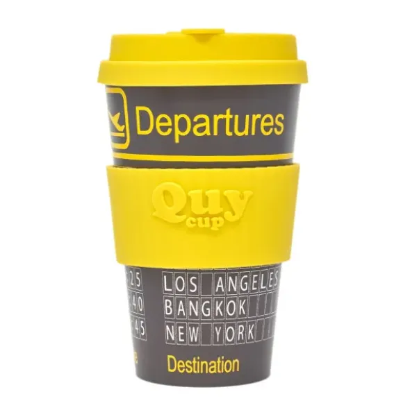 To Go Becher gelb/schwarz - Kaffeebecher mit Anzeigetafel Flughafen