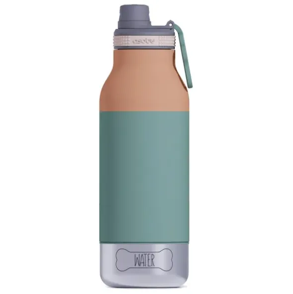 Trinkflasche 1l für Mensch & Hund - mit Wassernapf & Futternapf, grün