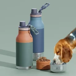 Trinkflasche 1l für Mensch & Hund - mit Wassernapf & Futternapf, grün