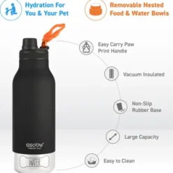 Trinkflasche 1l für Mensch & Hund - mit Wassernapf & Futternapf, grün