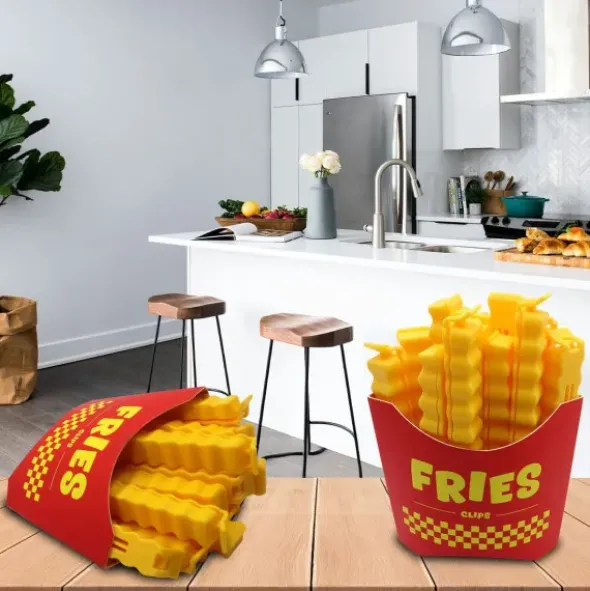 Tütenclip / Klammer Pommes Frites, 12 Stück mit magnetischer Box
