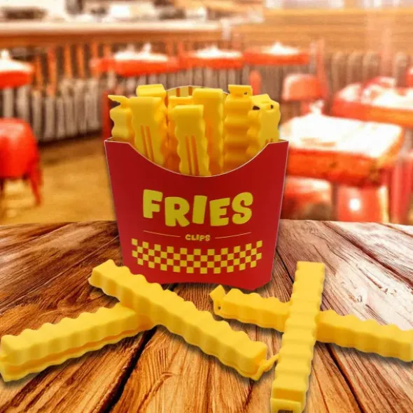 Tütenclip / Klammer Pommes Frites, 12 Stück mit magnetischer Box