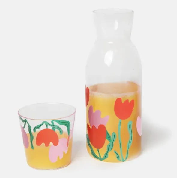 Wasserkaraffe 0,9 l mit Trinkglas – 2-teiliges Trinkset aus Glas mit Blumen-Motiv