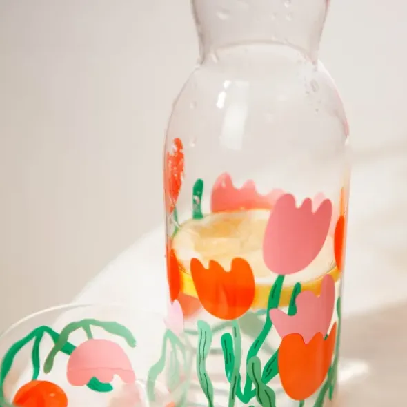 Wasserkaraffe 0,9 l mit Trinkglas – 2-teiliges Trinkset aus Glas mit Blumen-Motiv