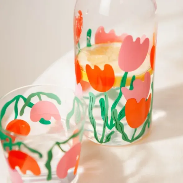 Wasserkaraffe 0,9 l mit Trinkglas – 2-teiliges Trinkset aus Glas mit Blumen-Motiv