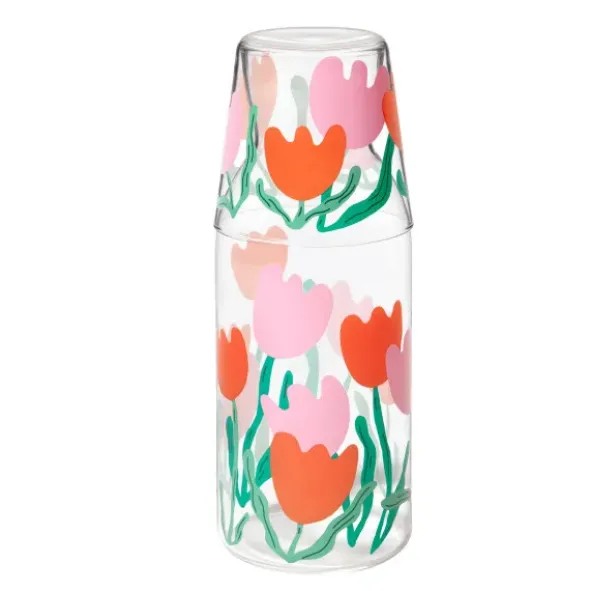 Wasserkaraffe 0,9 l mit Trinkglas – 2-teiliges Trinkset aus Glas mit Blumen-Motiv