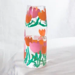 Wasserkaraffe 0,9 l mit Trinkglas – 2-teiliges Trinkset aus Glas mit Blumen-Motiv