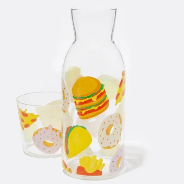 Wasserkaraffe 0,9 l mit Trinkglas – 2-teiliges Trinkset aus Glas mit Fast-Food-Motiven