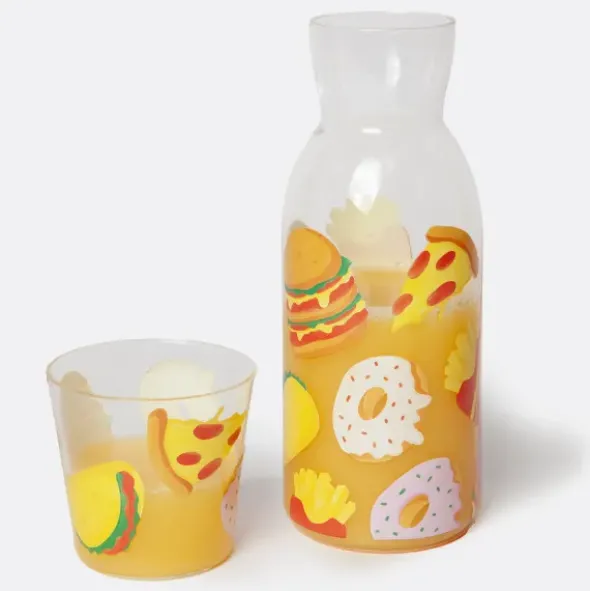 Wasserkaraffe 0,9 l mit Trinkglas – 2-teiliges Trinkset aus Glas mit Fast-Food-Motiven