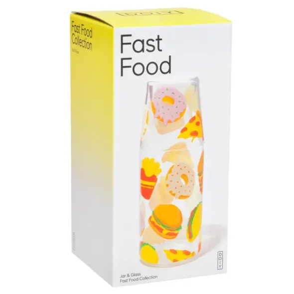 Wasserkaraffe 0,9 l mit Trinkglas – 2-teiliges Trinkset aus Glas mit Fast-Food-Motiven