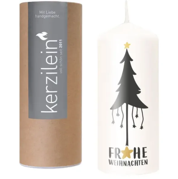 Weihnachtskerze FROHE WEIHNACHTEN Tannenbaum grau, 19 cm weiß