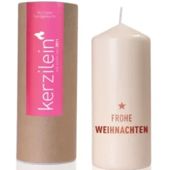 Weihnachtskerze FROHE WEIHNACHTEN rot, 19 cm cremeweiß