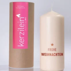 Weihnachtskerze FROHE WEIHNACHTEN rot, 19 cm cremeweiß