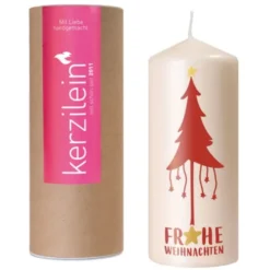 Weihnachtskerze FROHE WEIHNACHTEN Tannenbaum rot, 19 cm cremeweiß