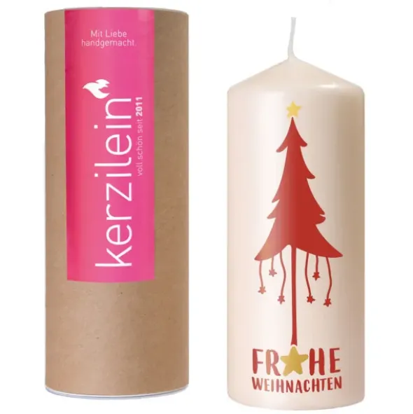 Weihnachtskerze FROHE WEIHNACHTEN Tannenbaum rot, 19 cm cremeweiß
