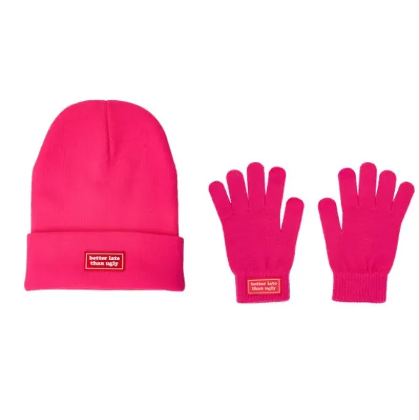 Winter Geschenkset 2-teilig – better late than ugly - Handschuhe & Mütze, pink