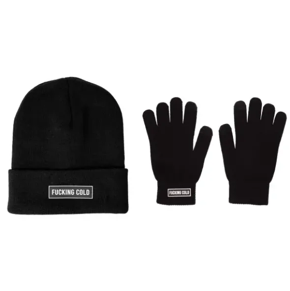 Winter Geschenkset 2-teilig – fucking cold - Handschuhe & Mütze, schwarz