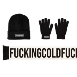 Winter Geschenkset 3-teilig - fucking cold - Schal, Handschuhe & Mütze schwarz