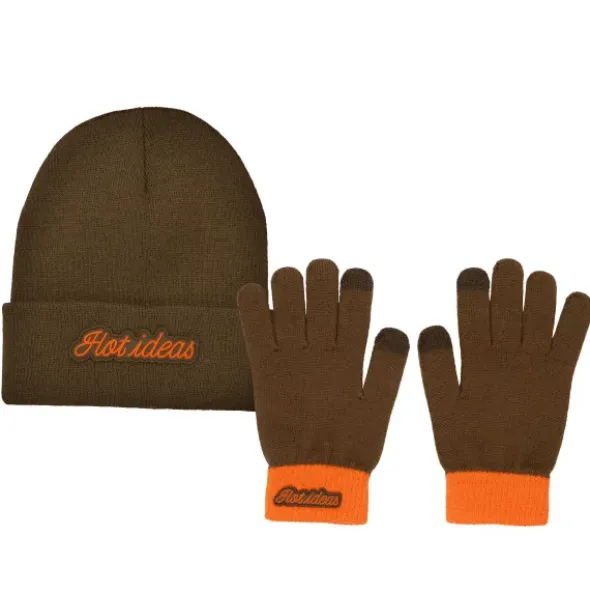 Winter Geschenkset 2-teilig – Hot ideas - Handschuhe & Mütze, braun orange