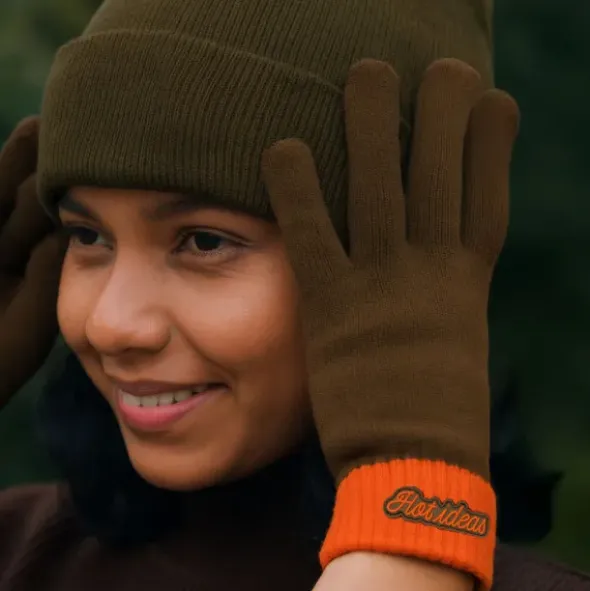 Winter Geschenkset 2-teilig – Hot ideas - Handschuhe & Mütze, braun orange