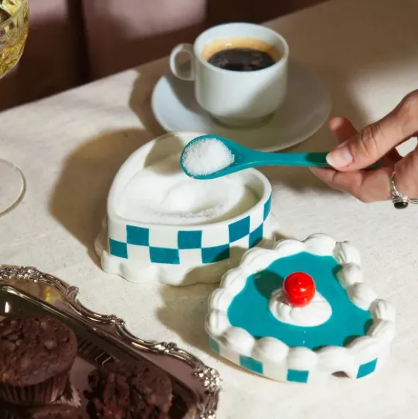 Zuckerdose HERZTORTE mit Löffel, Keramik