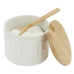 Zuckerdose Keramik mit Deckel und Löffel aus Bambus, weiß