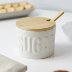 Zuckerdose Keramik mit Deckel und Löffel aus Bambus, weiß