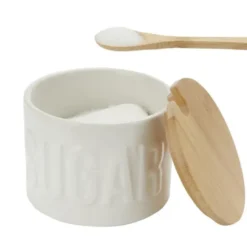 Zuckerdose Keramik mit Deckel und Löffel aus Bambus, weiß