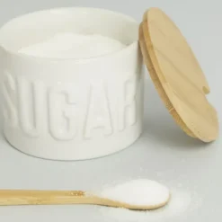 Zuckerdose Keramik mit Deckel und Löffel aus Bambus, weiß